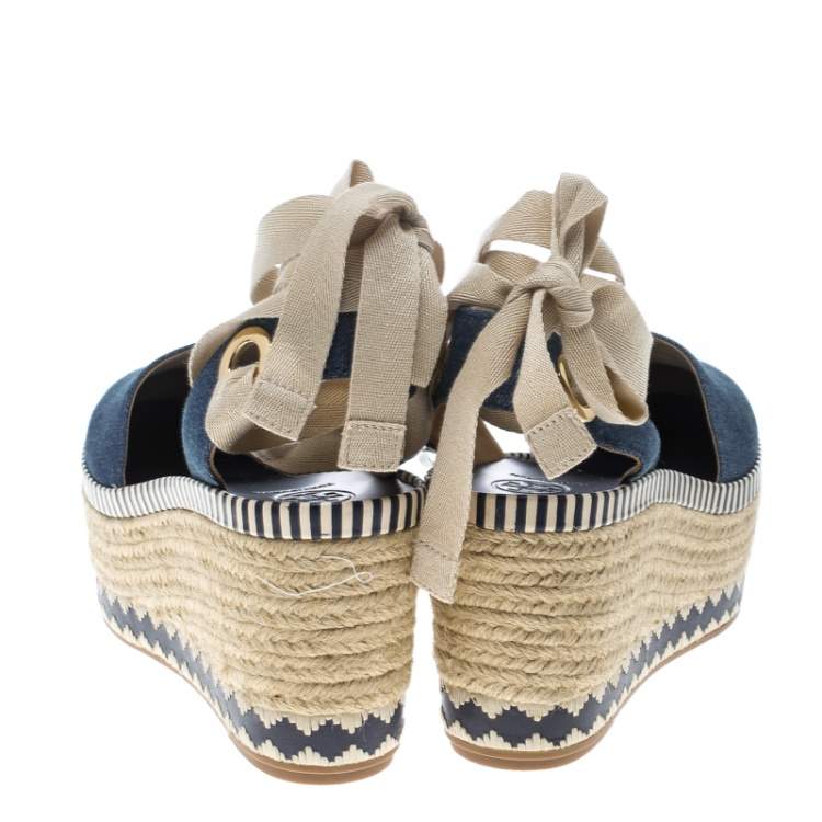 Pre Owned Tory Burch Blue Denim Dandy Ankle Wrap Espadrille Wedge Sandals Size 40