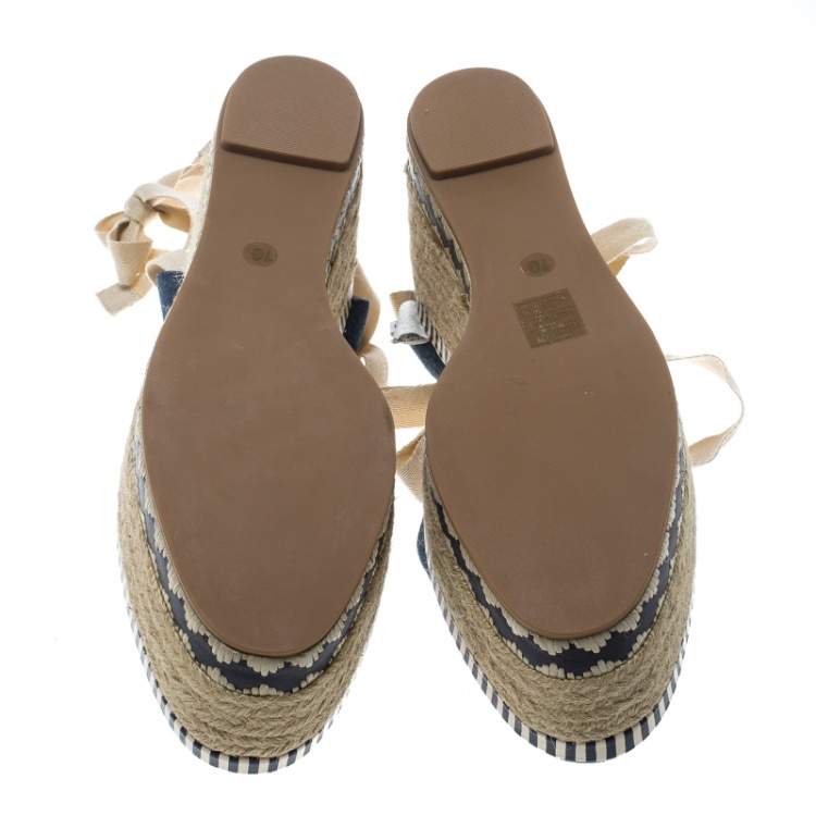 Pre Owned Tory Burch Blue Denim Dandy Ankle Wrap Espadrille Wedge Sandals Size 40