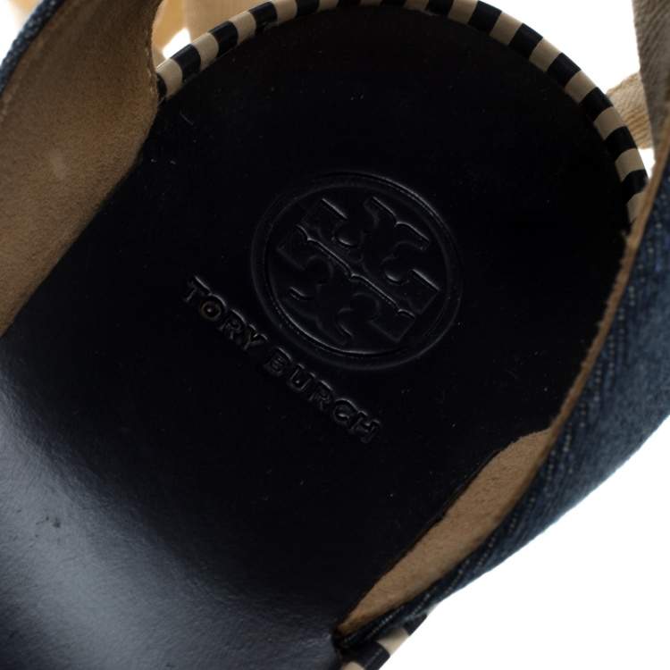 Pre Owned Tory Burch Blue Denim Dandy Ankle Wrap Espadrille Wedge Sandals Size 40