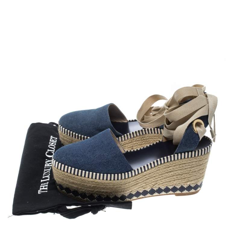 Pre Owned Tory Burch Blue Denim Dandy Ankle Wrap Espadrille Wedge Sandals Size 40