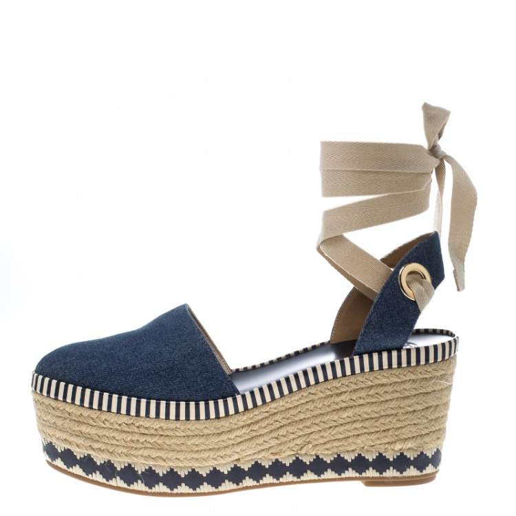 Denim Platform Wedges Women Espadrille Wedges Sandals with Knotty