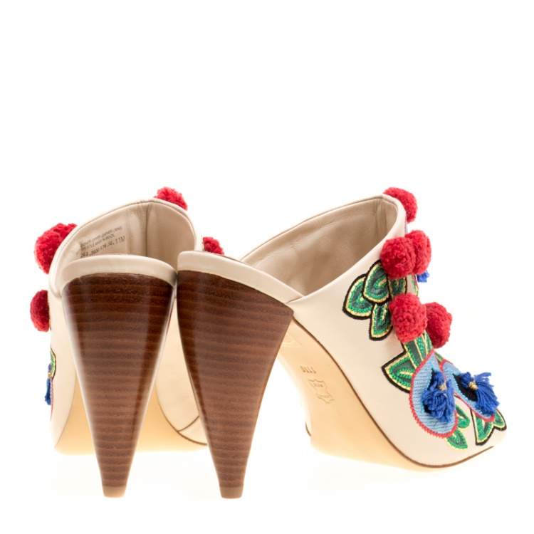 Pre Owned Tory Burch Multicolor Embroidered Leather Ellis Peep Toe Mules Size 41
