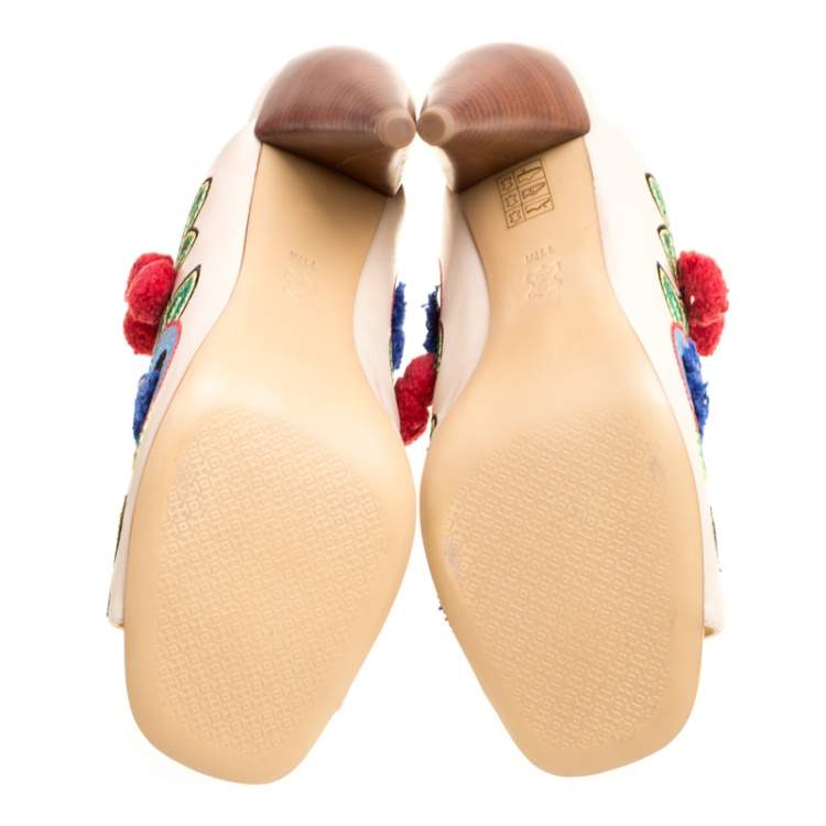 Pre Owned Tory Burch Multicolor Embroidered Leather Ellis Peep Toe Mules Size 41