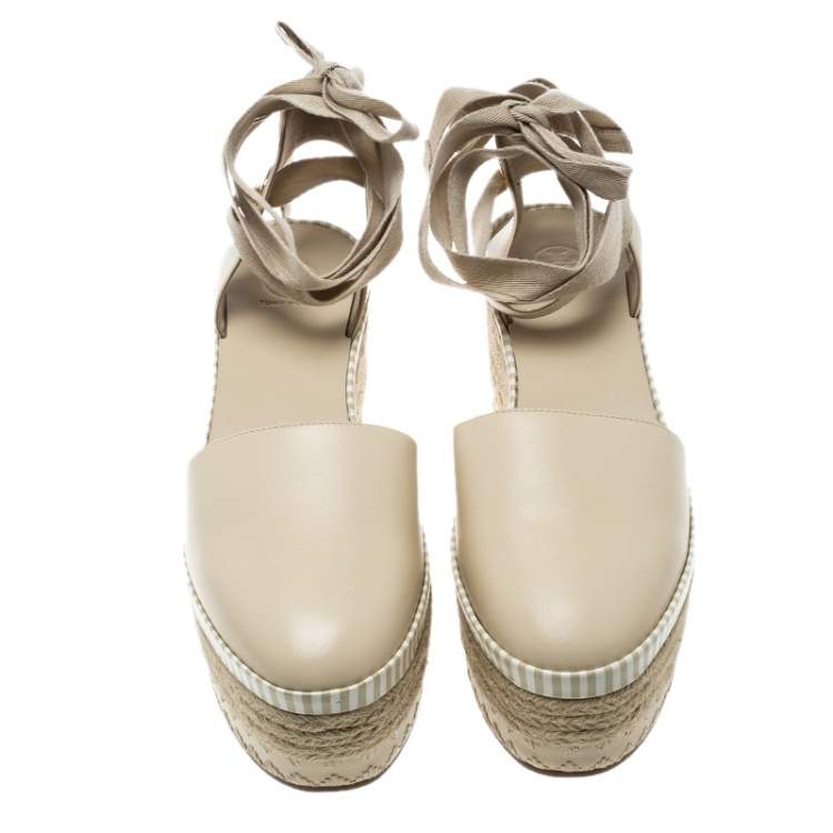 مملوكة مسبقًا Tory Burch Beige Leather Dandy Ankle Wrap Espadrille Wedge Sandals Size 40