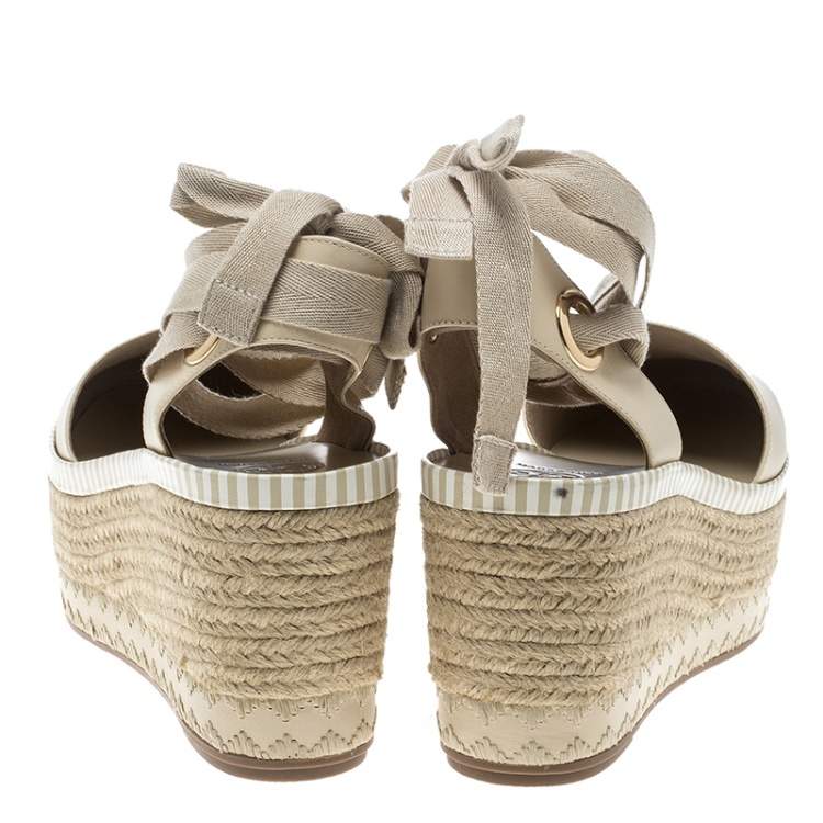 مملوكة مسبقًا Tory Burch Beige Leather Dandy Ankle Wrap Espadrille Wedge Sandals Size 40