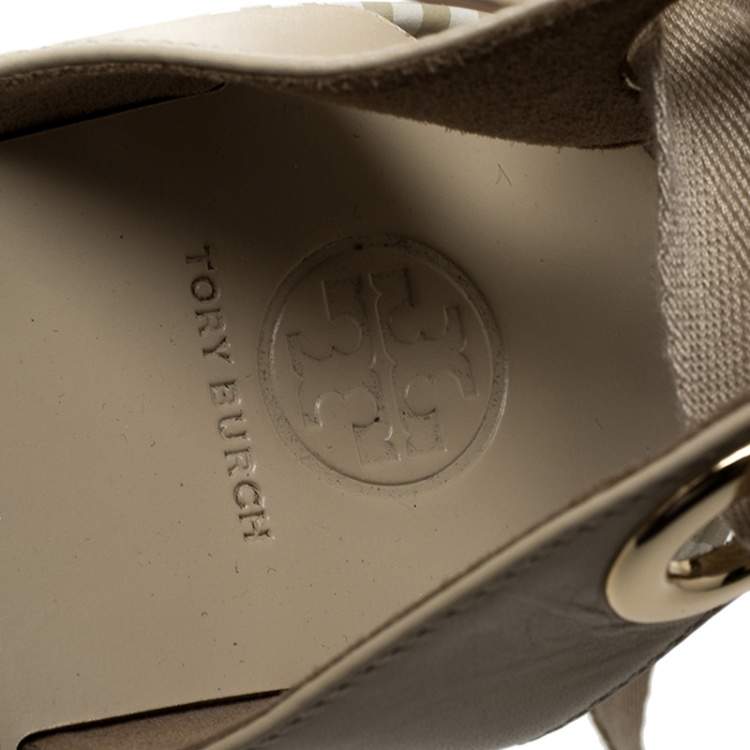 مملوكة مسبقًا Tory Burch Beige Leather Dandy Ankle Wrap Espadrille Wedge Sandals Size 40