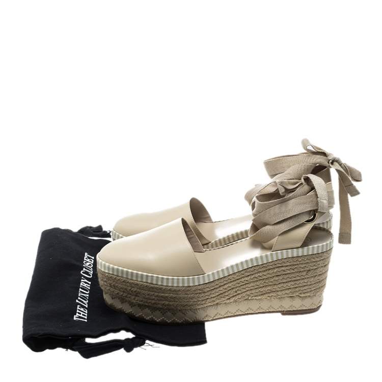 مملوكة مسبقًا Tory Burch Beige Leather Dandy Ankle Wrap Espadrille Wedge Sandals Size 40