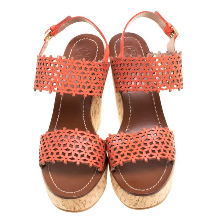 Pre Owned Tory Burch Coral Red Perforated Leather Daisy Cork Wedge Sandals Size 39