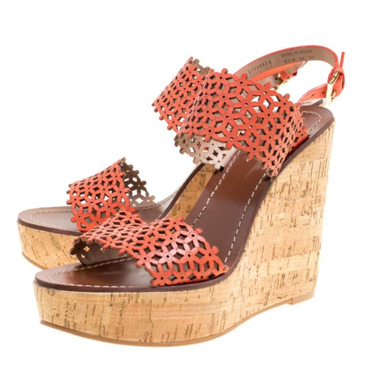 Pre Owned Tory Burch Coral Red Perforated Leather Daisy Cork Wedge Sandals Size 39