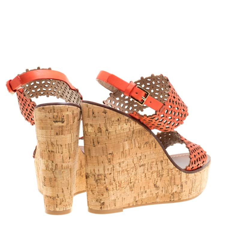 Pre Owned Tory Burch Coral Red Perforated Leather Daisy Cork Wedge Sandals Size 39