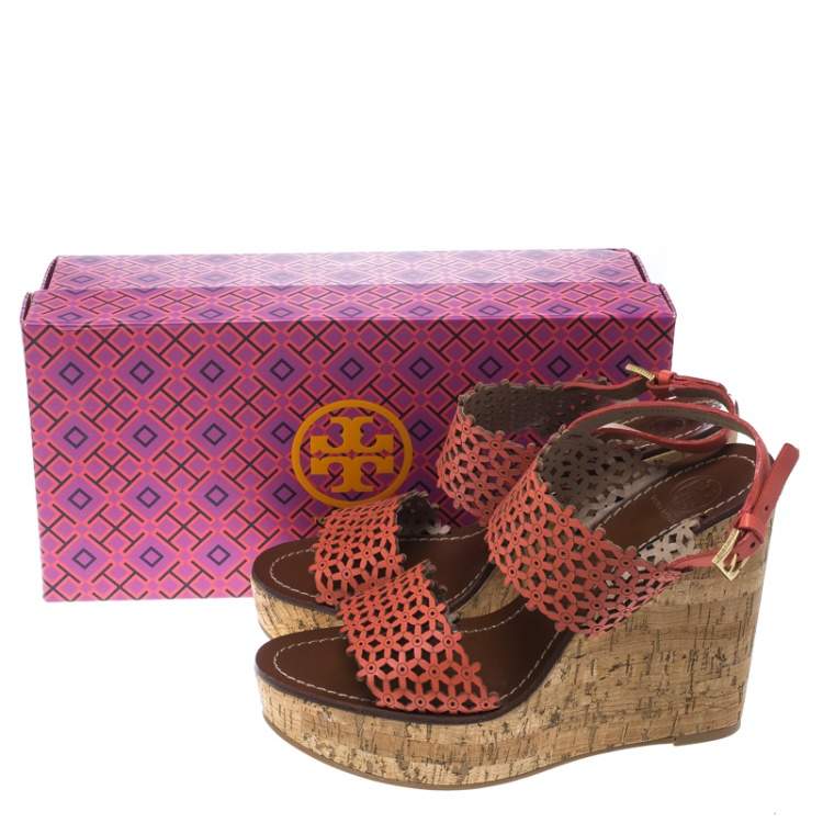 Pre Owned Tory Burch Coral Red Perforated Leather Daisy Cork Wedge Sandals Size 39