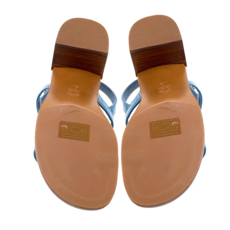 Pre Owned Tory Burch Blue Patent Leather Emilynn Beaded T-Strap Sandals Size 35