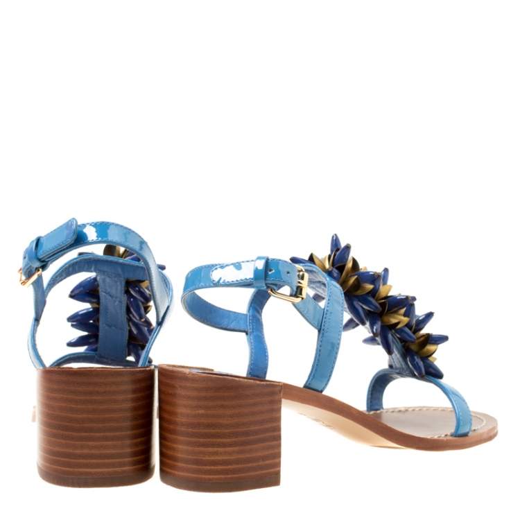 Pre Owned Tory Burch Blue Patent Leather Emilynn Beaded T-Strap Sandals Size 35
