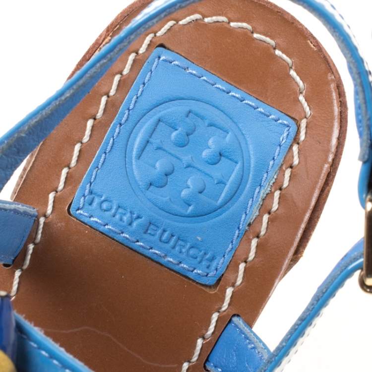 Pre Owned Tory Burch Blue Patent Leather Emilynn Beaded T-Strap Sandals Size 35