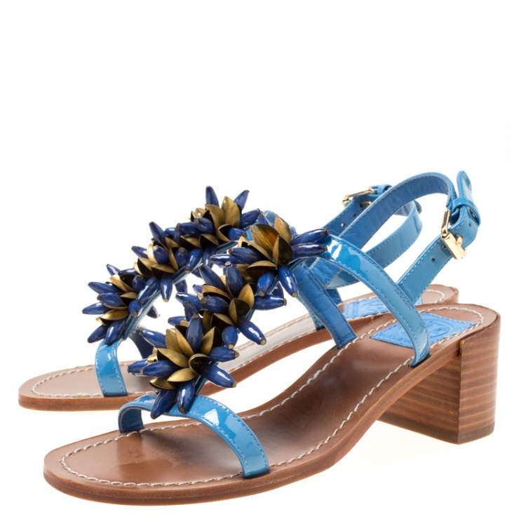 Pre Owned Tory Burch Blue Patent Leather Emilynn Beaded T-Strap Sandals Size 35