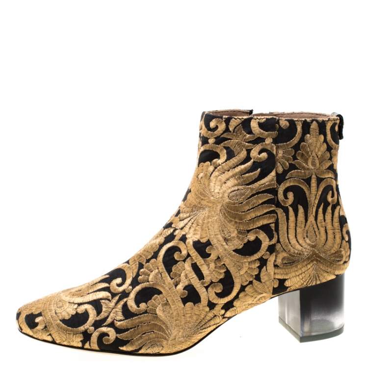 Pre Owned Tory Burch Metallic Gold Brocade Fabric Ankle Boots Size 39.5