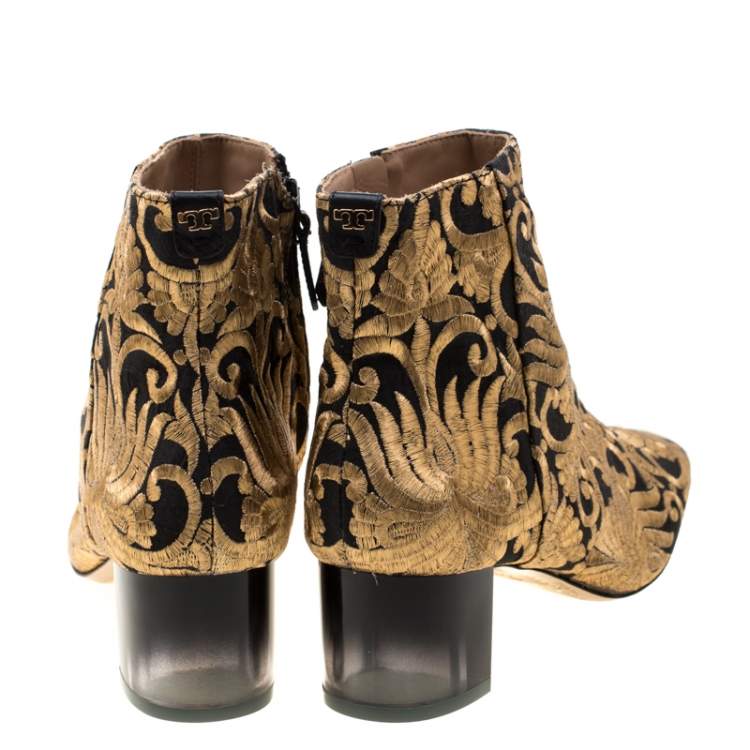 Pre Owned Tory Burch Metallic Gold Brocade Fabric Ankle Boots Size 39.5