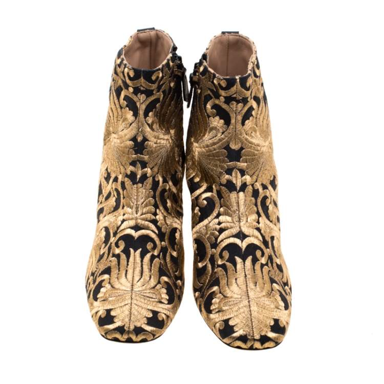 Pre Owned Tory Burch Metallic Gold Brocade Fabric Ankle Boots Size 39.5