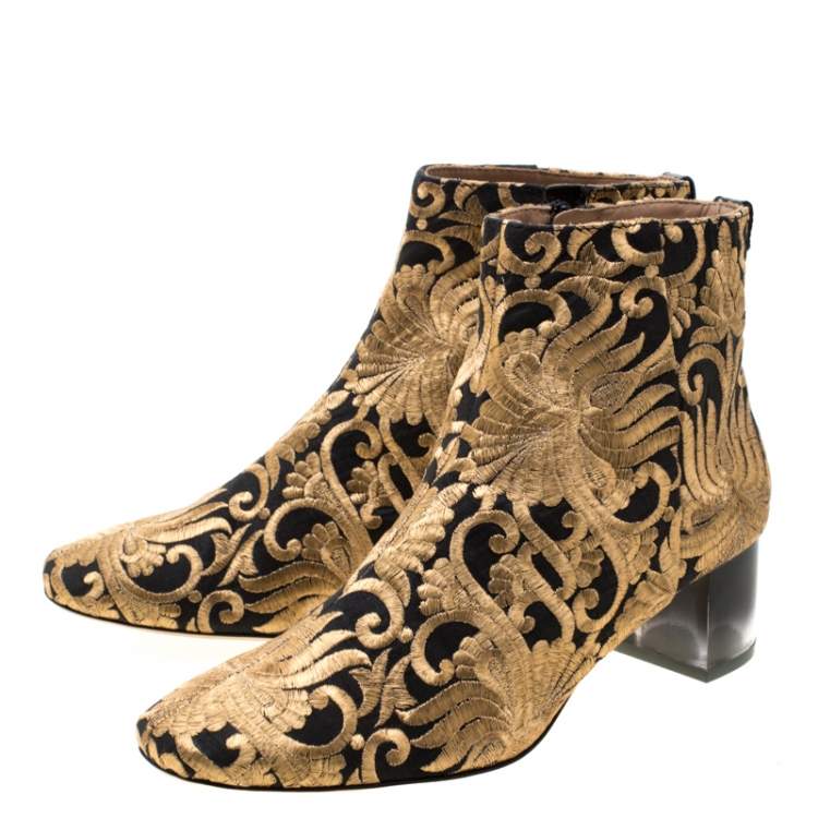 Pre Owned Tory Burch Metallic Gold Brocade Fabric Ankle Boots Size 39.5