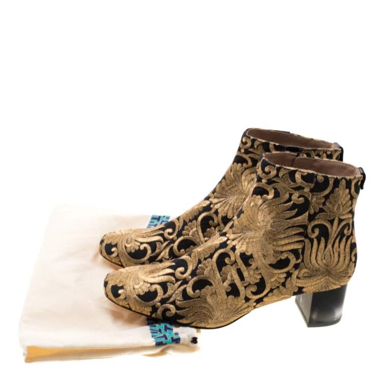 Pre Owned Tory Burch Metallic Gold Brocade Fabric Ankle Boots Size 39.5