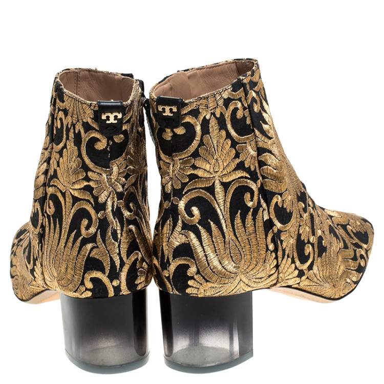 Pre Owned Tory Burch Black/Gold Embroidered Carlotta Booties Size 40