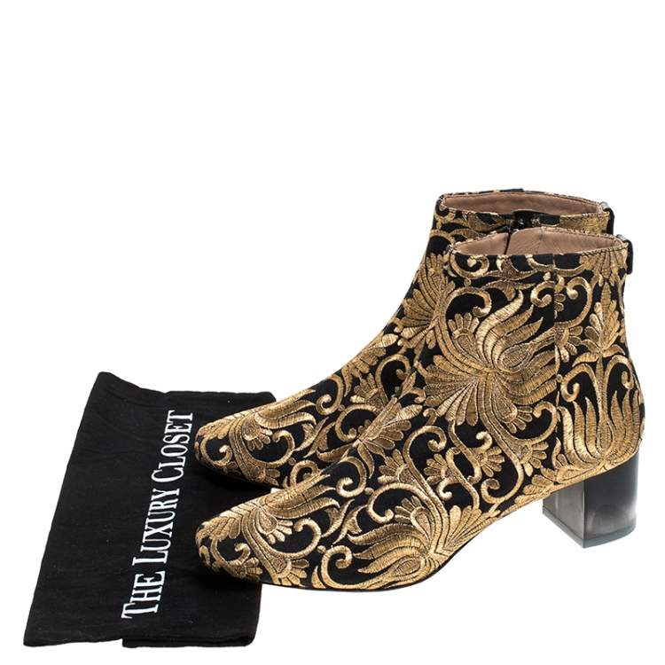 Pre Owned Tory Burch Black/Gold Embroidered Carlotta Booties Size 40