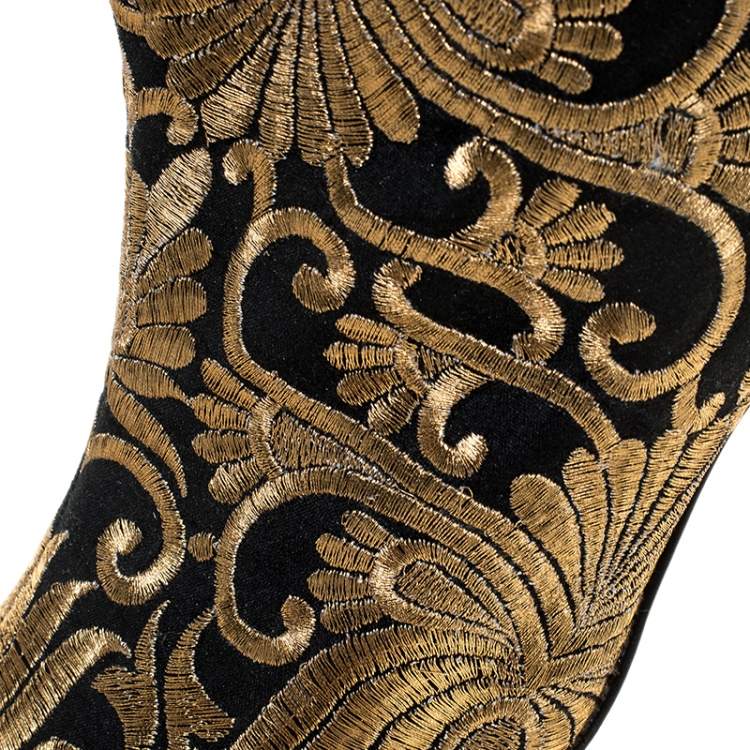 Pre Owned Tory Burch Black/Gold Embroidered Carlotta Booties Size 40