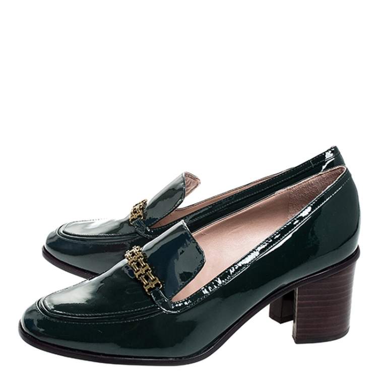 Pre Owned Tory Burch Green Patent Leather Gemini Link Loafer Pumps Size 39