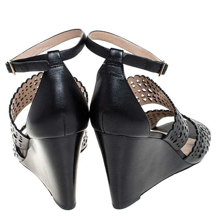 Pre Owned Tory Burch Black Cutout Leather Perf Gladiator Wedge Ankle Strap Sandals Size 39