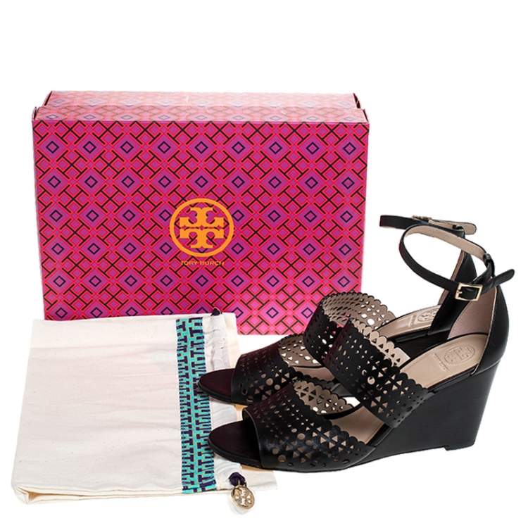 Pre Owned Tory Burch Black Cutout Leather Perf Gladiator Wedge Ankle Strap Sandals Size 39