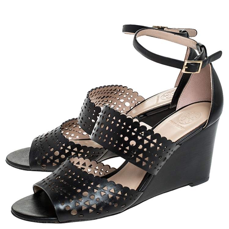 Pre Owned Tory Burch Black Cutout Leather Perf Gladiator Wedge Ankle Strap Sandals Size 39