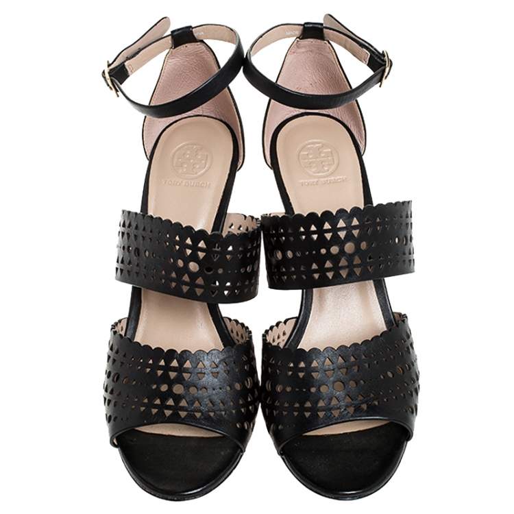 Pre Owned Tory Burch Black Cutout Leather Perf Gladiator Wedge Ankle Strap Sandals Size 39