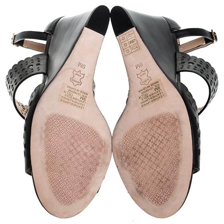 Pre Owned Tory Burch Black Cutout Leather Perf Gladiator Wedge Ankle Strap Sandals Size 39