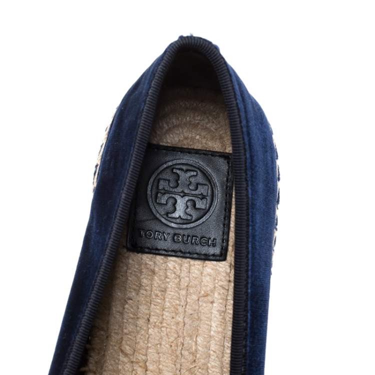 Pre Owned Tory Burch Blue Velvet Barkley Flat Espadrilles Size 39