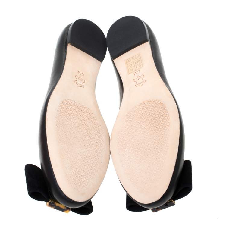Pre Owned Tory Burch Black Leather Tortoise Bow Chase Ballet Flats Size 36