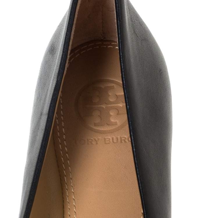 Pre Owned Tory Burch Black Leather Tortoise Bow Chase Ballet Flats Size 36