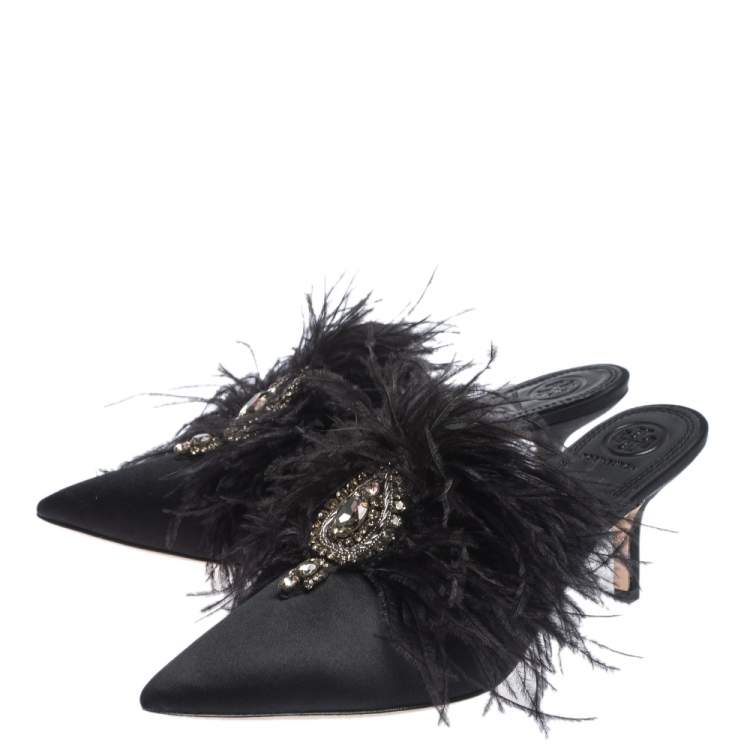 Pre Owned Tory Burch Black Satin Elodie Fur Embellished Pointed Toe Mule Sandals Size 39