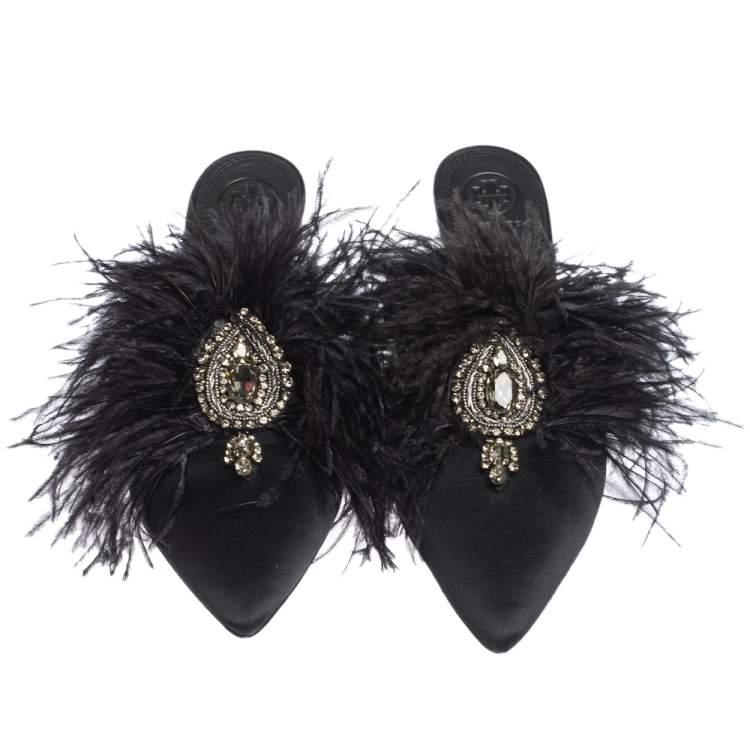 Pre Owned Tory Burch Black Satin Elodie Fur Embellished Pointed Toe Mule Sandals Size 39