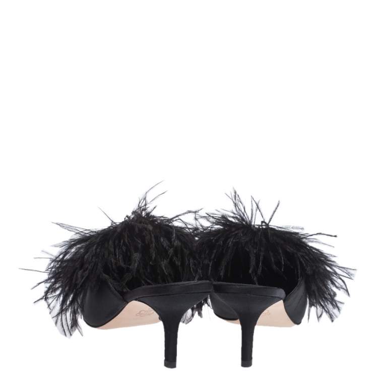Pre Owned Tory Burch Black Satin Elodie Fur Embellished Pointed Toe Mule Sandals Size 39