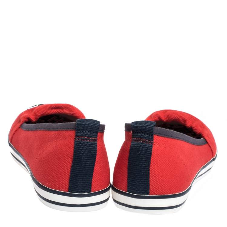 Pre Owned Tory Burch Red Canvas Logo Slip On Loafers Size 38