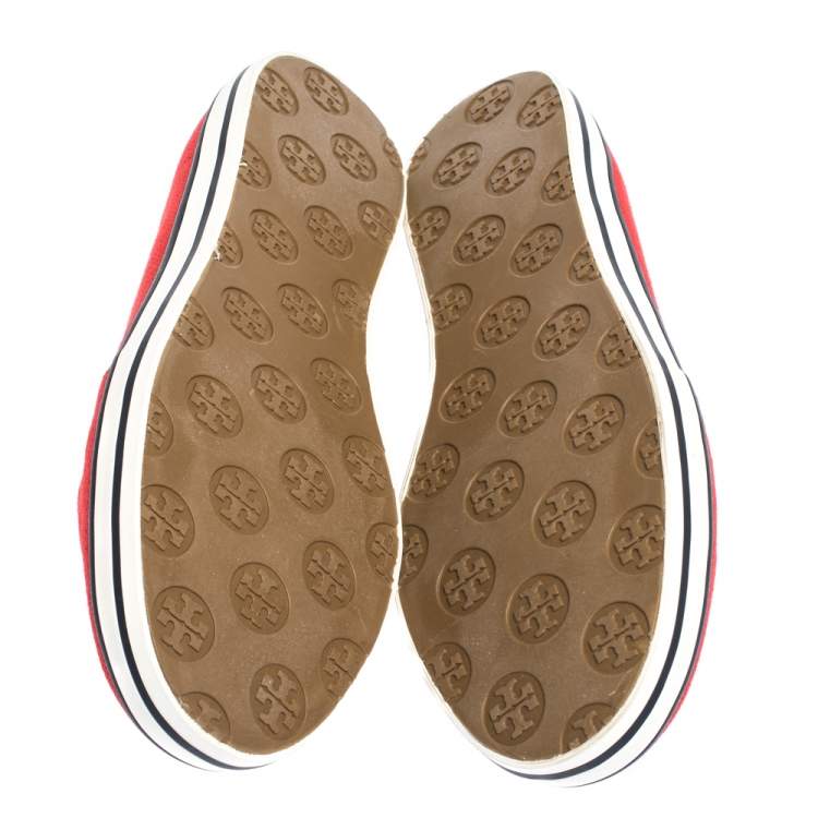 Pre Owned Tory Burch Red Canvas Logo Slip On Loafers Size 38