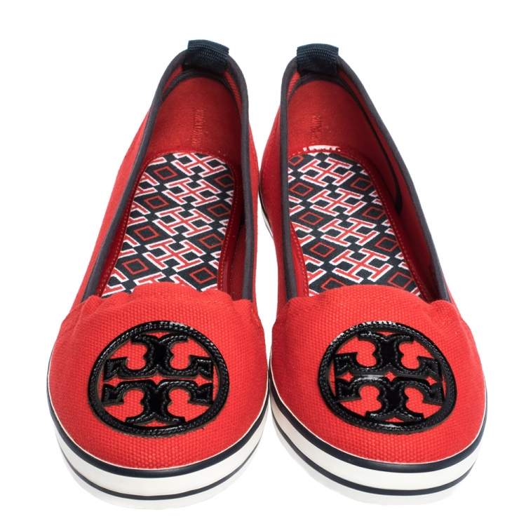 Pre Owned Tory Burch Red Canvas Logo Slip On Loafers Size 38