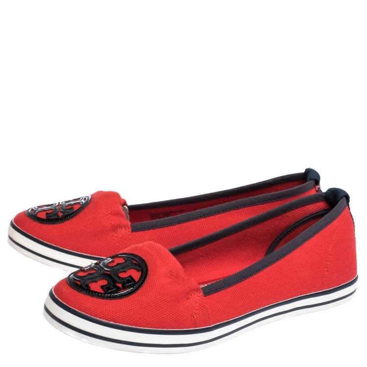 Pre Owned Tory Burch Red Canvas Logo Slip On Loafers Size 38