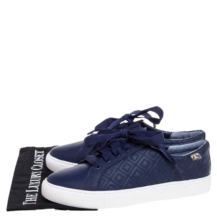 Pre Owned Tory Burch Blue Quilted Leather Marion Low Top Sneakers Size 39