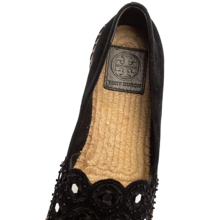 Pre Owned Tory Burch Black Suede Leather Yasmin Embellished Slip On Espadrille Flats Size 38.5