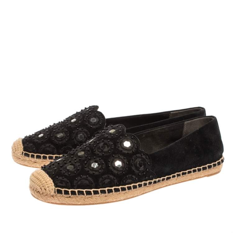 Pre Owned Tory Burch Black Suede Leather Yasmin Embellished Slip On Espadrille Flats Size 38.5