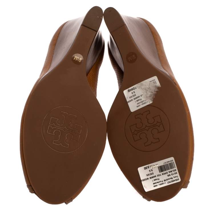 Pre Owned Tory Burch Brown Leather Selma Wedge Logo Peep Toe Pumps Size 39.5 