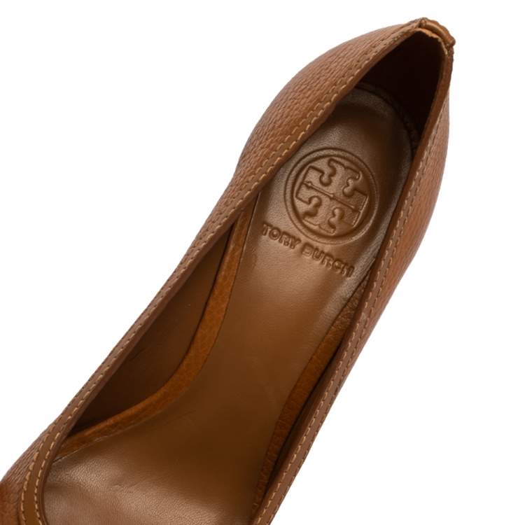 Pre Owned Tory Burch Brown Leather Selma Wedge Logo Peep Toe Pumps Size 39.5 