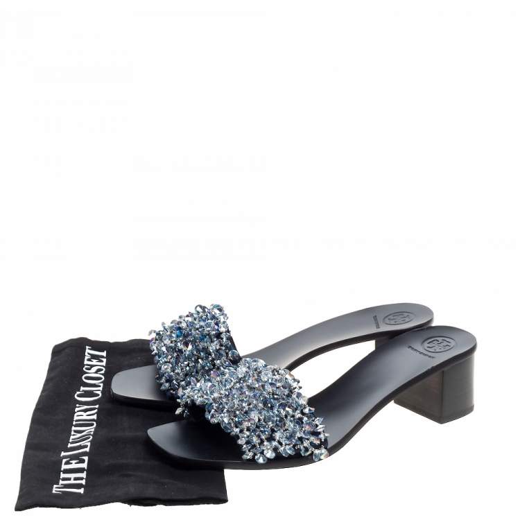 Pre Owned Tory Burch Navy Blue Satin Logan Embellsihed Slide Sandals Size 39
