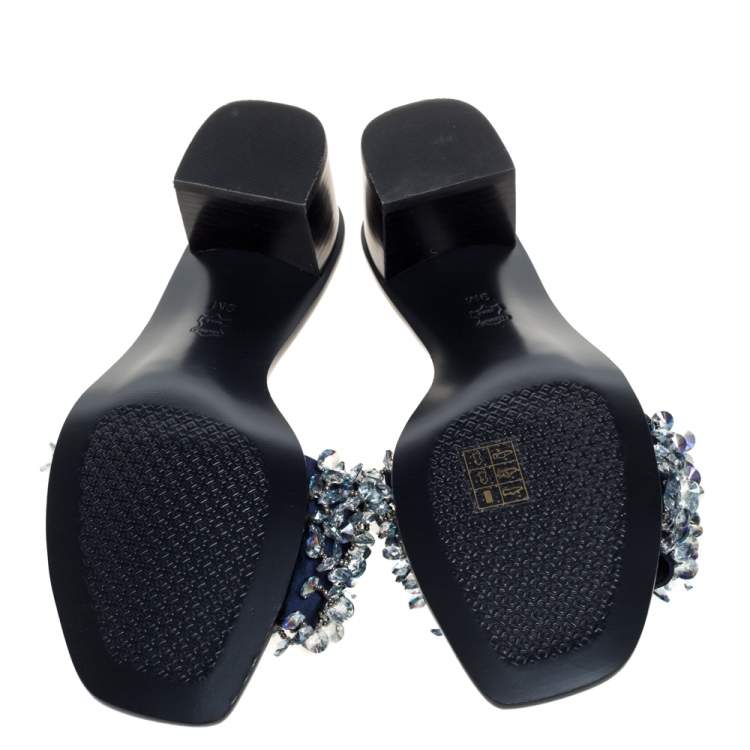 Pre Owned Tory Burch Navy Blue Satin Logan Embellsihed Slide Sandals Size 39